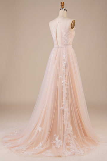Tul Halter Keyhole Champagne Vestido de novia con apliques